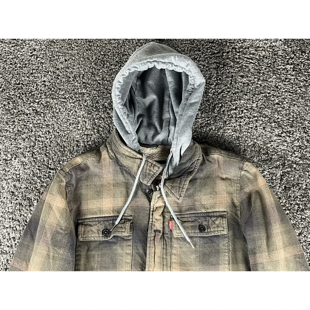 Levis Mens Plaid Hooded Flannel Sherpa Lined Shirt Jacket Brown Olive Size M - Picture 8 of 10